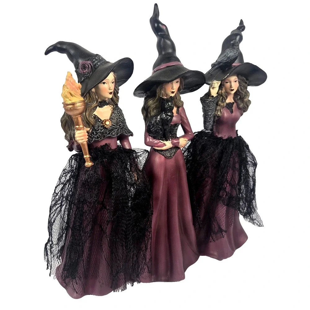 Eerie Charm Set of 3 Witch Figurines 12.5 Inch Halloween Gothic Decor Purple